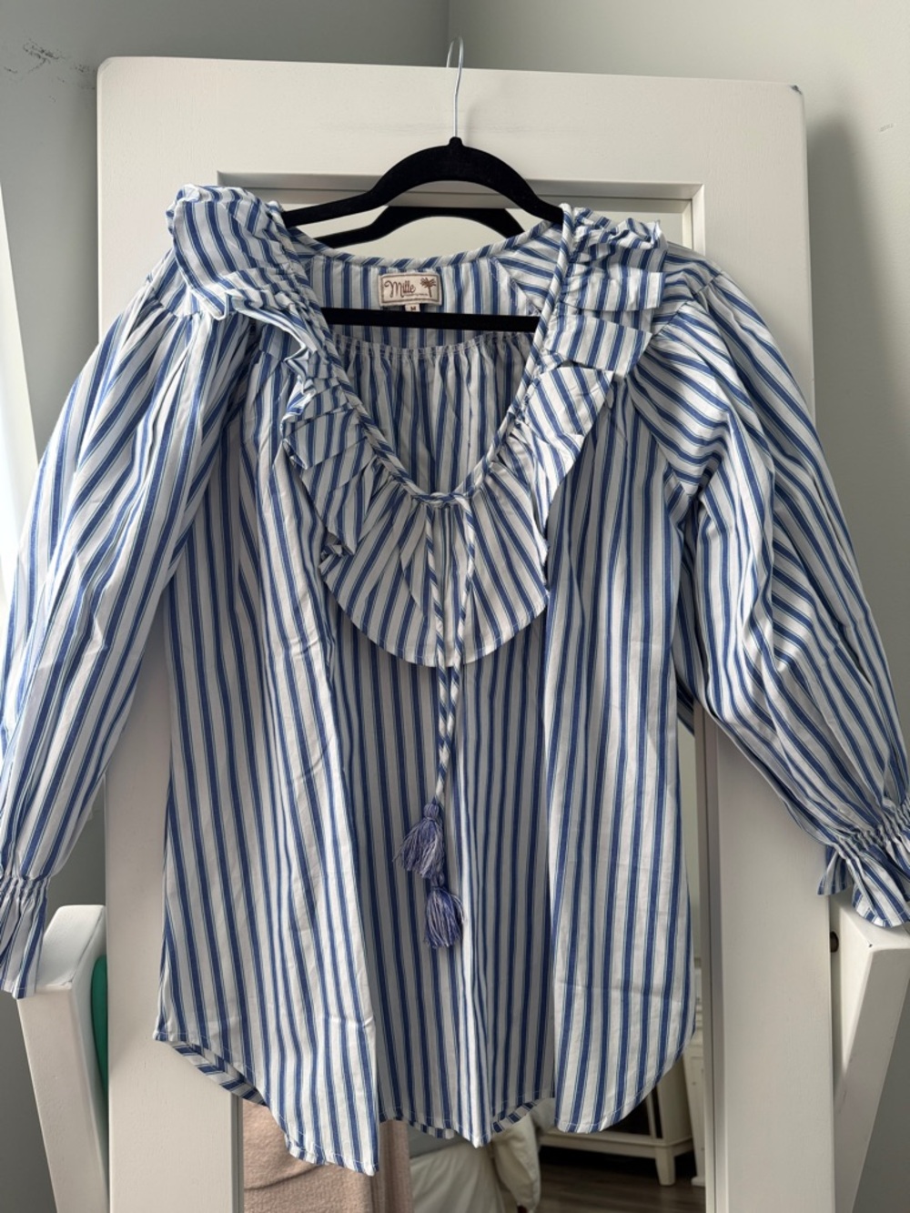 Blue & White Striped Ruffle-Tie Blouse By Millie resort collection
